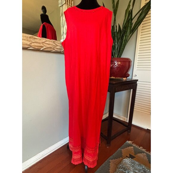 Coldwater Creek Red Sleeveless Embroidered Maxi Dress Size 20 Linen/Rayon Blend - Picture 1 of 15